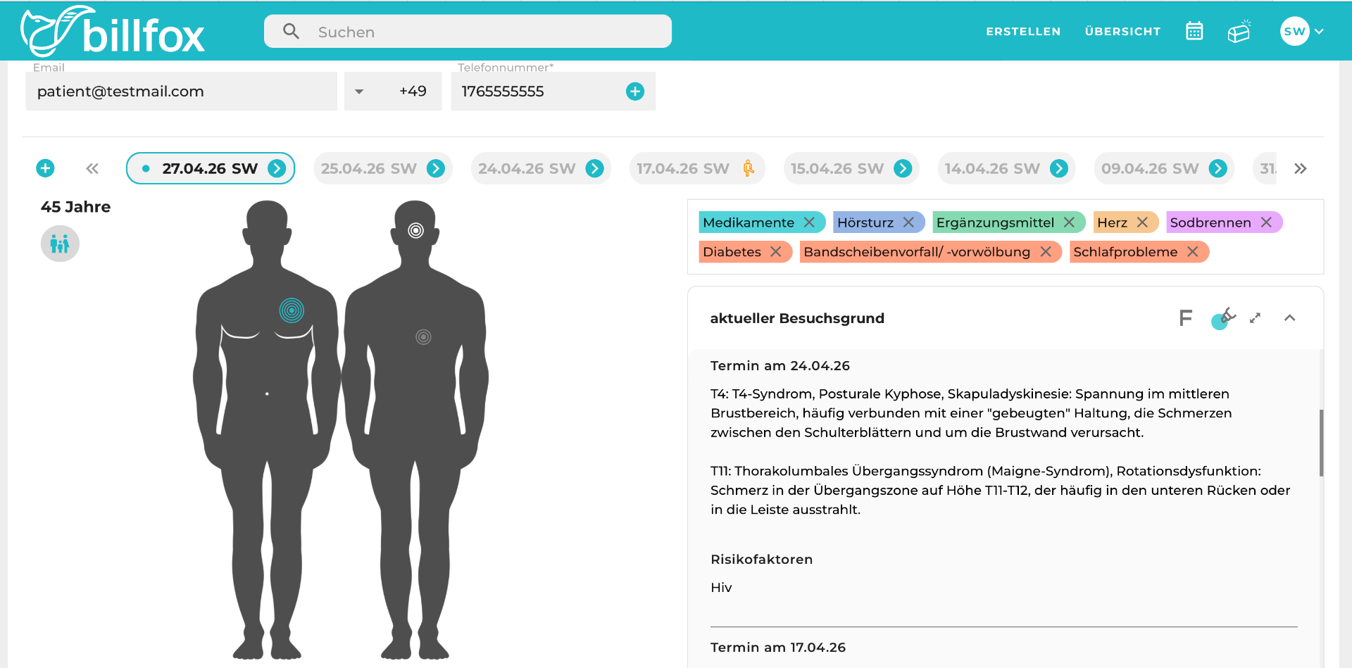Billfox Patientenakte mit Schmerzpunkten und Diagnosen